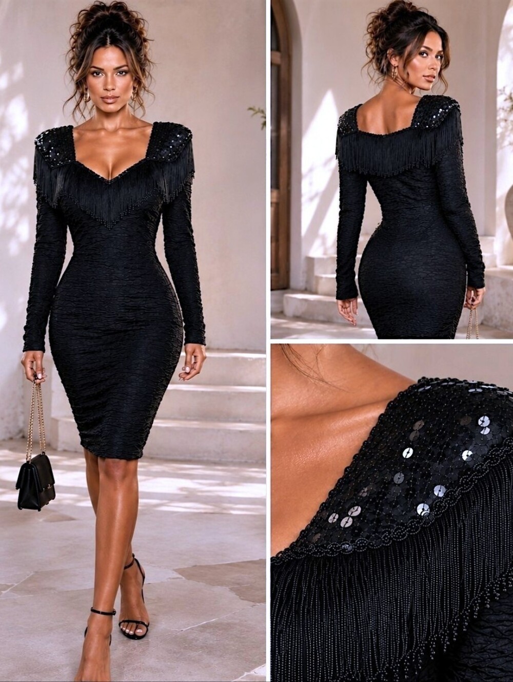 Vtg 80s Fringe Western Concert Sequin 5/6 Black Party Cocktail Dress Ruched Glam